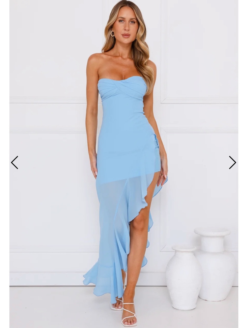 Hello Molly Powder Blue Strapless Asymmetrical Maxi Dress